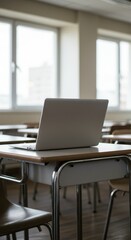 Fototapeta premium Laptop on a School Desk in a Bright Classroom