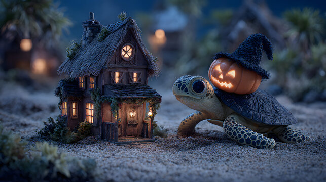 turtle carrying a glowing jack-o-lantern that wears a hat