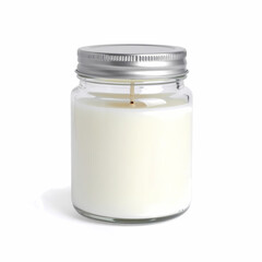 White wax candle in glass jar with metal lid home decor stock photo