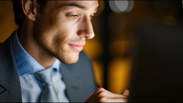 Focused Professional: A professional in a suit, eyes fixated on a laptop screen, illuminated by a warm glow. Capturing dedication and focus.