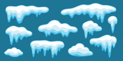 Winter snowcap and ice drip for chill Christmas or freeze scenes with blue cold curve shapes. Comic seasonal frost isolated in a pack of vector decoration. Use in New Year holiday layouts.