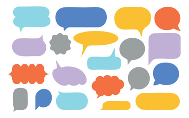 Speech bubble icon shape for message or color pop with conversation cartoon elements. Talk balloon and chat in blue orange or yellow designs. Bright comic expressions.