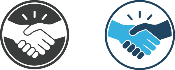 Handshake icon set with grayscale and color variations, circular design, motion emphasis lines, partnership symbolism, collaboration graphics, and unity concept visuals