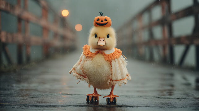 duckling with a jack-o-lantern collar wearing roller skates