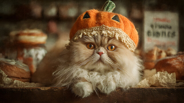 cat in jack-o-lantern hat disguised 
