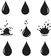Collection of black water drops and splashes in a clean modern illustrative style