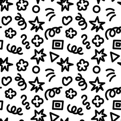 Minimal black and white Memphis pattern with doodle shapes