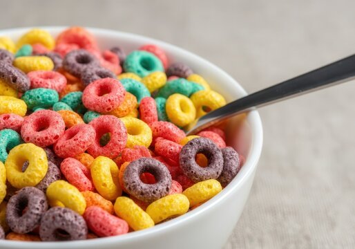 Ultra-processed multi-colored cereal in a white bowl with a spoon