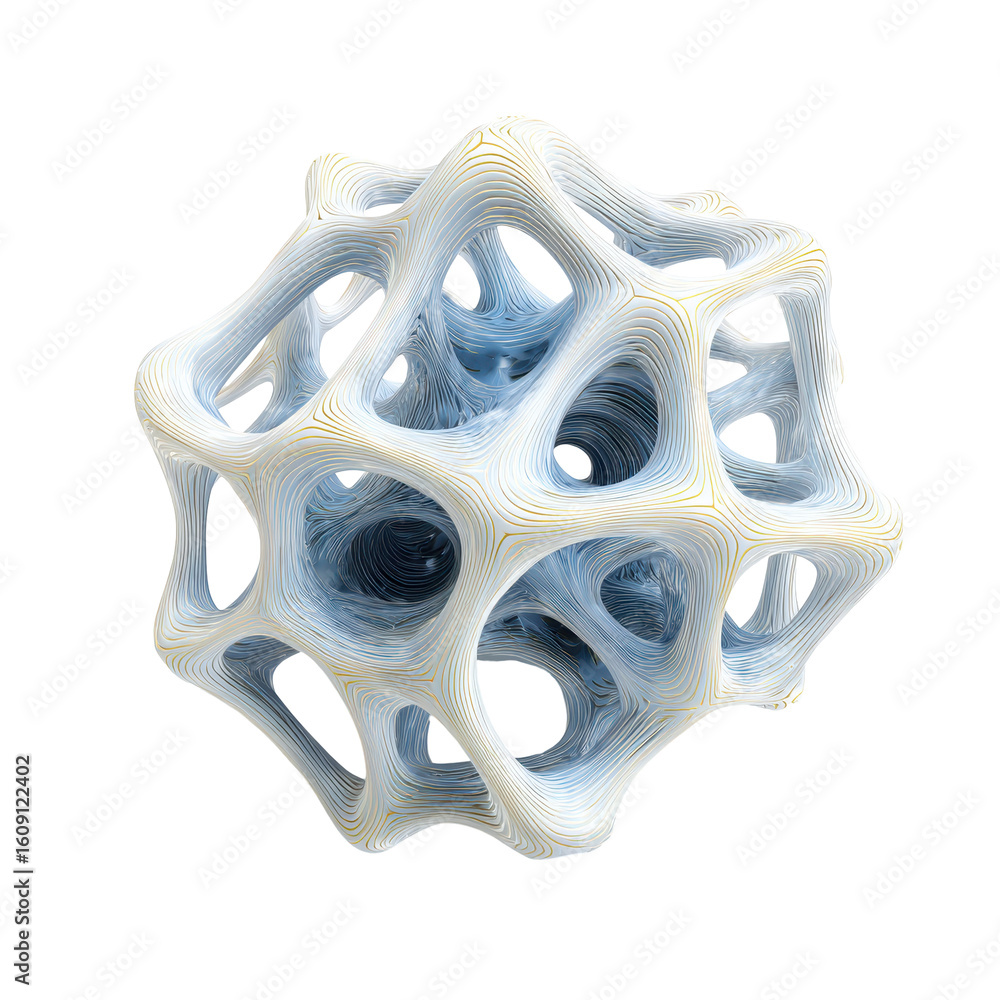 Poster intricate 3d model of a geometric shape with smooth curves and hollow spaces in a light color scheme