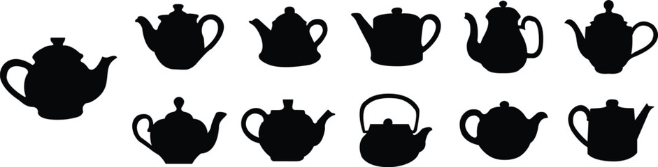 Set of teapot icons in flat, outline, silhouette, and minimalist vector styles. Teapot group, kettle collection, boiling pot, ceramic brew, kitchen drinkware symbol bundle, household cooking elements.
