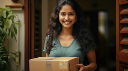 young indian woman smiling and holding parcel