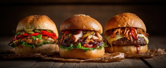 The delectable trio of gourmet burgers on a rustic wooden background.
