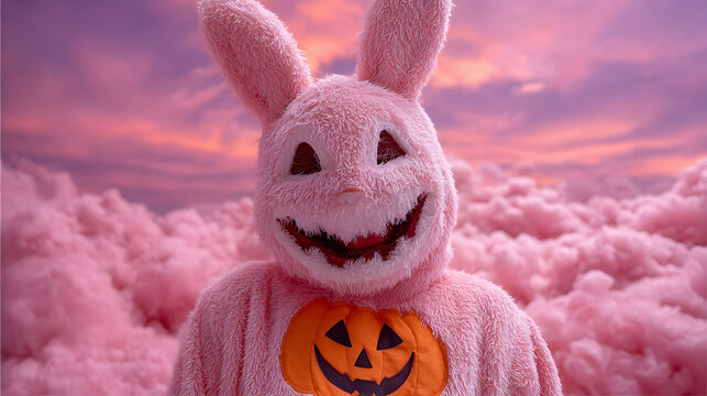 pink rabbit with jack o lantern sweater