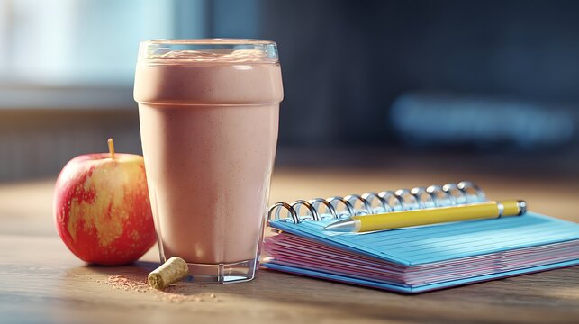 Blender cup filled with protein shake beside apple and workout log