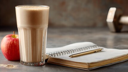 Blender cup filled with protein shake beside apple and workout log