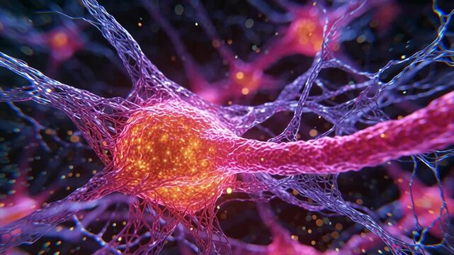 Extreme electron micrograph view of a complex neural network synapse, intricate protein structures, glowing neurotransmitters