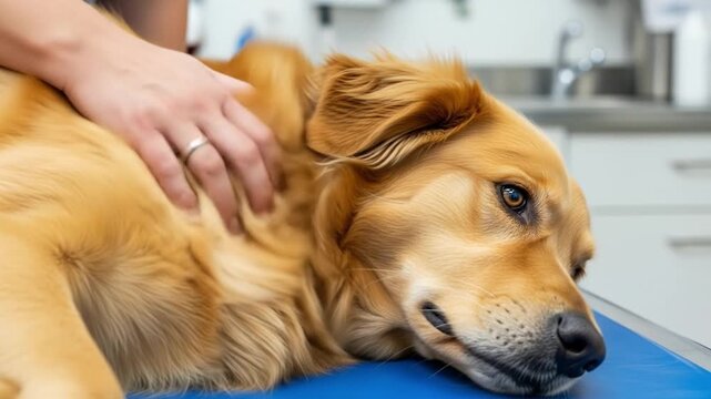 A person's hand gently comforts a Golden Retriever dog lying on an examination table at the veterinary clinic.