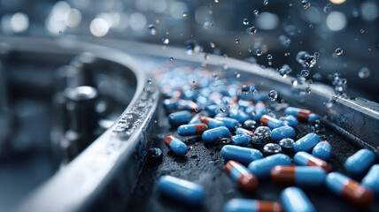 capsules and tablets on a conveyor in company
