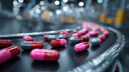 capsules and tablets on a conveyor in company