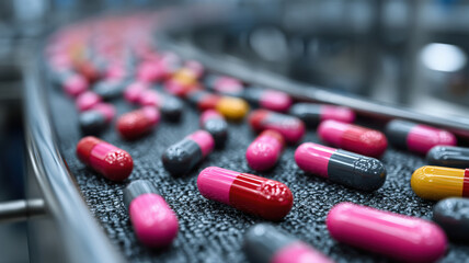 capsules and tablets on a conveyor in company