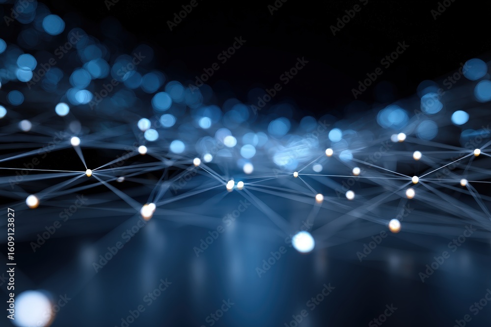 Poster luminous spheres connected by lines reflecting on a dark smooth surface