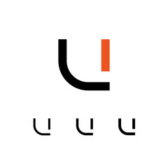 Technical logo Letter U, digital cyber space alphabet font, set of four different thicknesses of the (regular, bold, thick) made stencil style