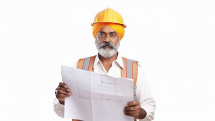 indian construction engineer man holding blueprint on white background