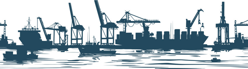 Fototapeta premium Silhouette vector of a cargo container ship being unloaded by gantry cranes at industrial port