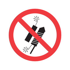 Flat design vector icon showing a red prohibition sign over firecrackers. Ideal for Diwali safety, pollution control, no fireworks zone signage, and eco-friendly celebration campaigns.