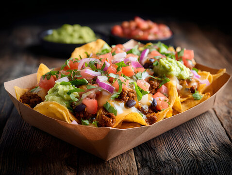 cheesy loaded nachos with salsa and guacamole in a brown paper food box.