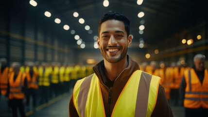 happy indian warehouse worker standing in warehouse
