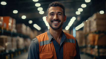 happy indian warehouse worker standing in warehouse