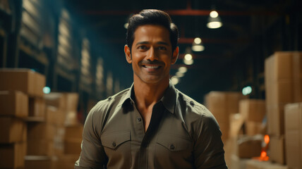 happy indian warehouse worker standing in warehouse
