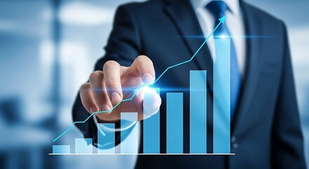 Chart growth touched by a businessman indicating corporate finance growth with a hand, Hand touching an upward pointing graph for corporate and economic success strategy