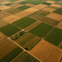 Obraz premium Aerial View of Patchwork Farmlands with Rural Homestead