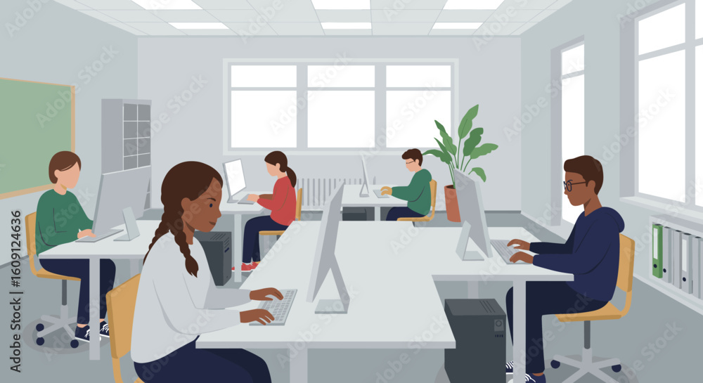 Poster diverse adults working in modern office on computers with natural light and greenery. vector illustr