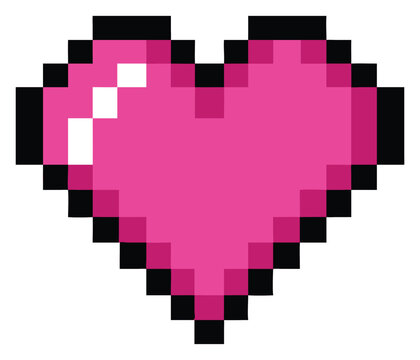 A vibrant pink pixel art heart with a glossy sheen representing love and digital nostalgia, perfect for retro gaming and romantic themes