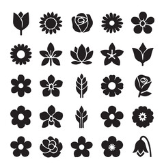 Collection of various black and white floral icons and silhouettes