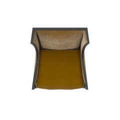 Elegant Wingback Armchair with Dark Frame and Gold Velvet Upholstery - Top View Isolated