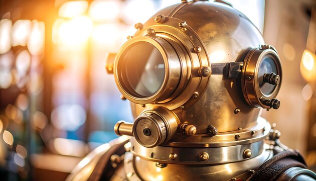 Antique brass diving helmet close-up