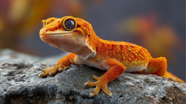 Bright orange gecko with fierce expression perched on textured rock with blurred natural background