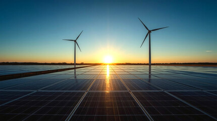 Solar panels and wind power generation equipment. solar panel field at sunset, with two large wind turbines silhouetted against the bright sky