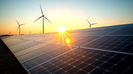 Solar panels and wind power generation equipment. solar panel field at sunset, with two large wind turbines silhouetted against the bright sky