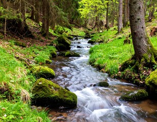 Obraz premium A tranquil forest stream meanders through a lush, mossy woodland