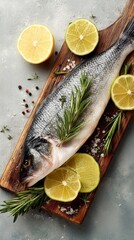 Fresh sea bass fillet placed on wooden cutting board against white background, showcasing raw seafood with natural texture and clean presentation for culinary and cooking concepts.