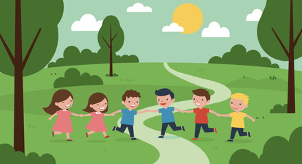 Naklejka premium Diverse children playing outdoors in a sunny park landscape illustration. Vector illustration
