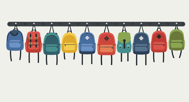 Colorful school backpacks hanging in a row on rack. Vector illustration