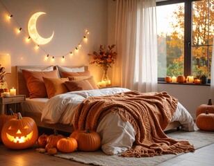 Cosy bedroom interior decorated for halloween autumn season with pumpkins and fall blankets