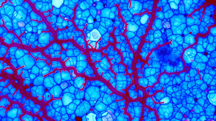 Mycobacterium tuberculosis
Acid-fast stained TB bacilli (red rods),
cord-like growth patterns against blue tissue,
caseous necrosis texture in background.