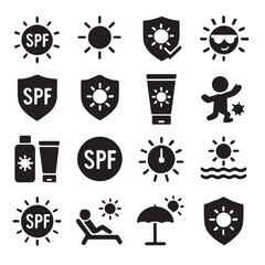 Collection of sun protection and sunscreen icons for summer and health